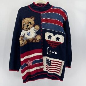 Vintage Embroidered Bear American Flag Mock Neck Sweater Medium Oversized